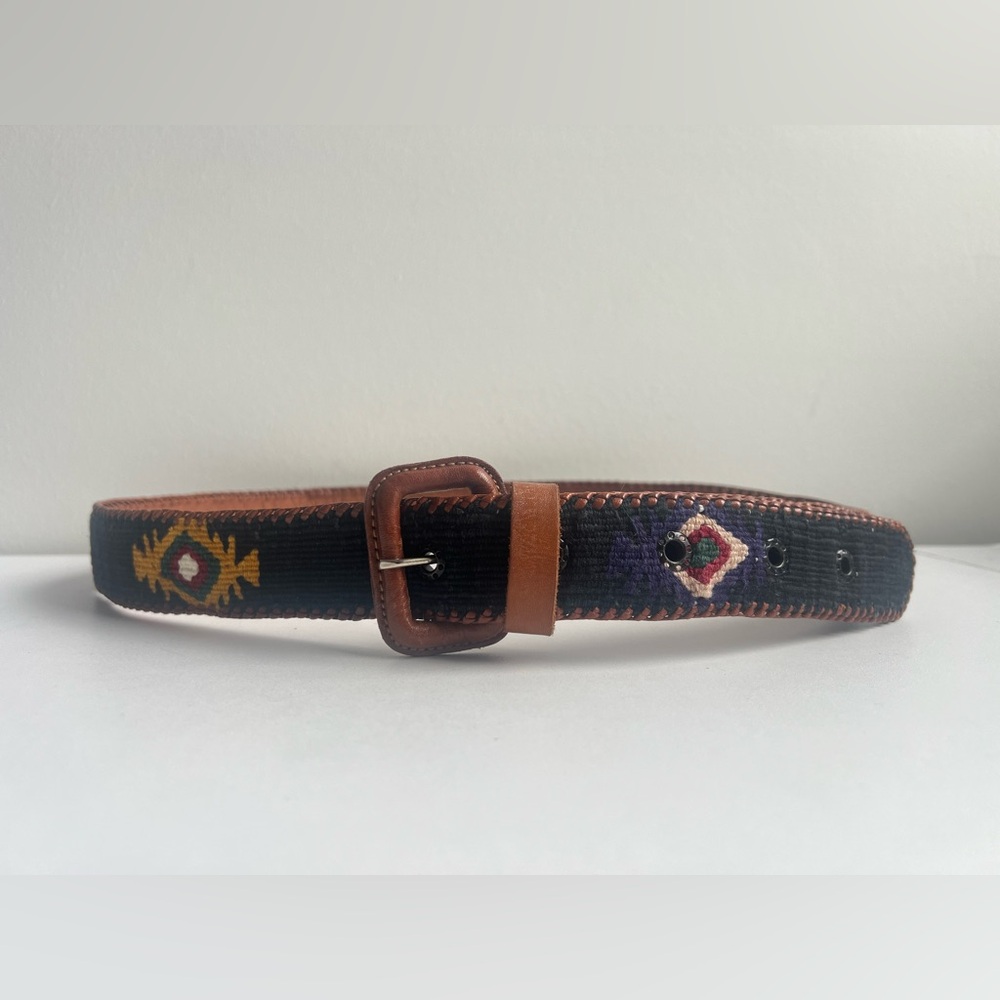 Vintage Woven Leather Belt, Southwestern Kilim Style‎ | Size 36